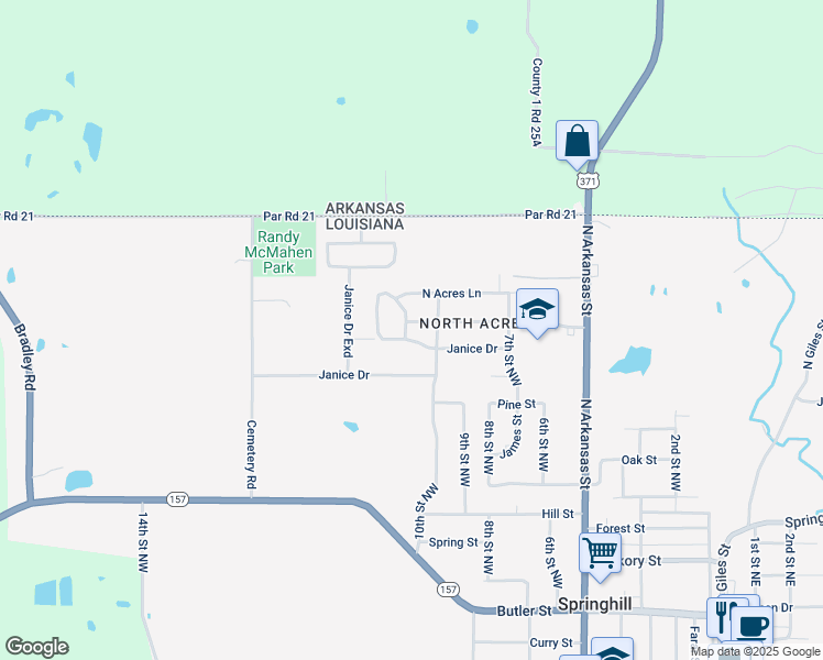 map of restaurants, bars, coffee shops, grocery stores, and more near 1401 North Acres Circle in Springhill