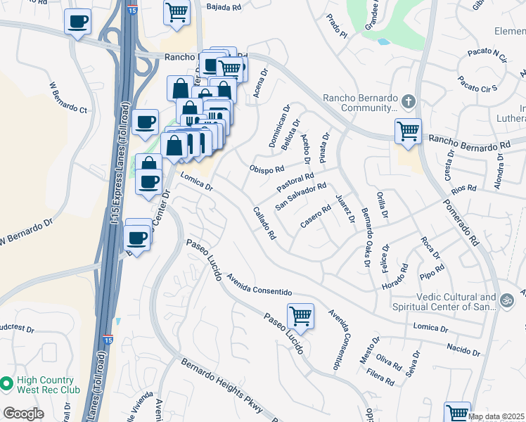 map of restaurants, bars, coffee shops, grocery stores, and more near 12066 Callado Road in San Diego