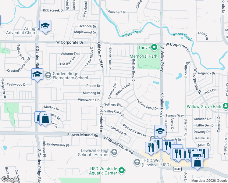 map of restaurants, bars, coffee shops, grocery stores, and more near 2021 Frontier Trail in Lewisville