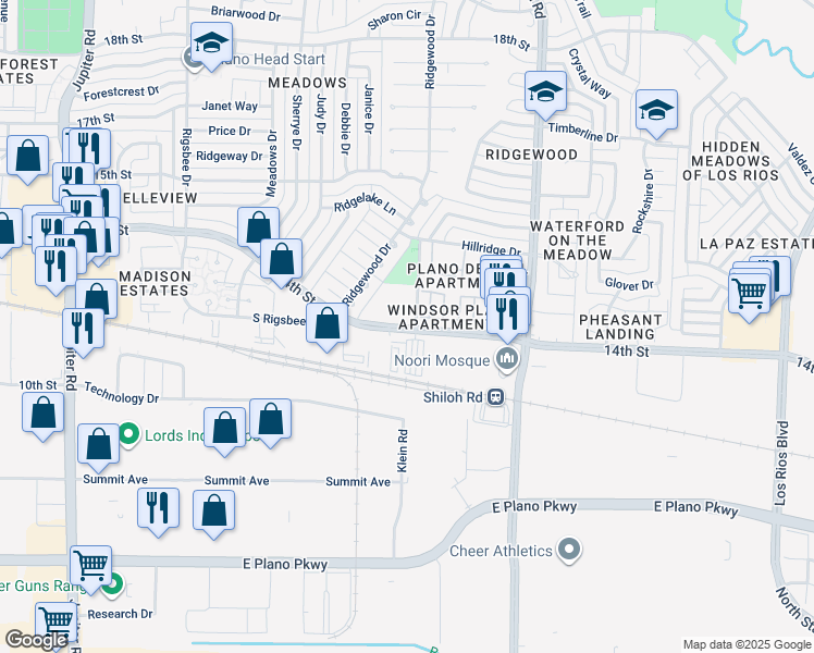 map of restaurants, bars, coffee shops, grocery stores, and more near 3467 14th Street in Plano