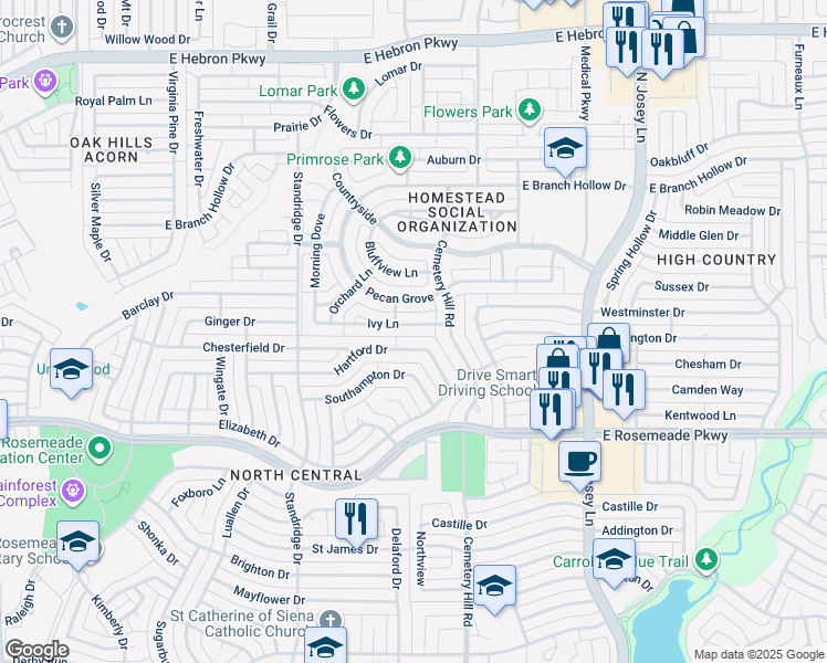 map of restaurants, bars, coffee shops, grocery stores, and more near 1738 Ivy Lane in Carrollton