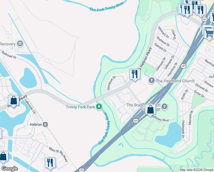 map of restaurants, bars, coffee shops, grocery stores, and more near 3621 Stockton Dr in Carrollton