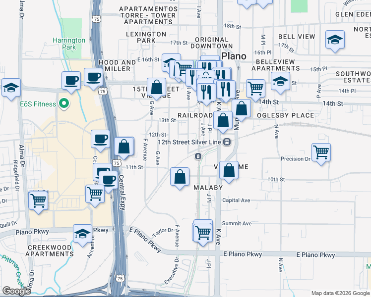 map of restaurants, bars, coffee shops, grocery stores, and more near 1105 I Avenue in Plano