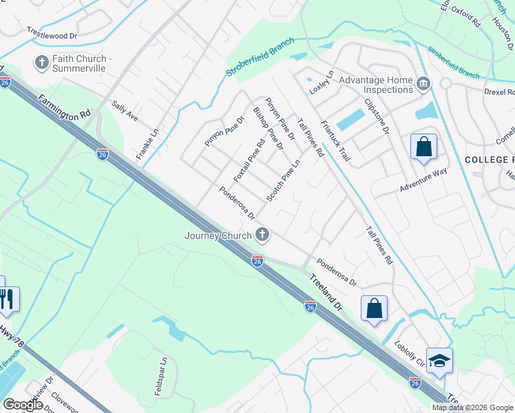 map of restaurants, bars, coffee shops, grocery stores, and more near 1235 Scotch Pine Lane in Ladson