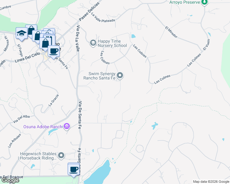 map of restaurants, bars, coffee shops, grocery stores, and more near 16630 El Zorro Vista in Rancho Santa Fe