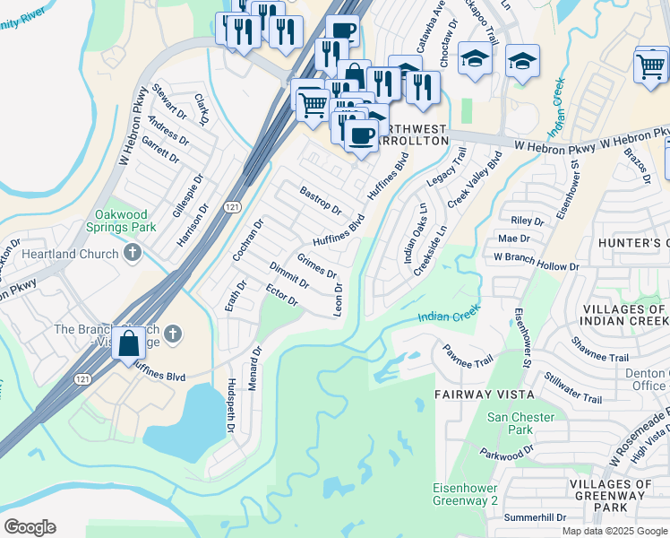 map of restaurants, bars, coffee shops, grocery stores, and more near 1408 Grimes Drive in Carrollton