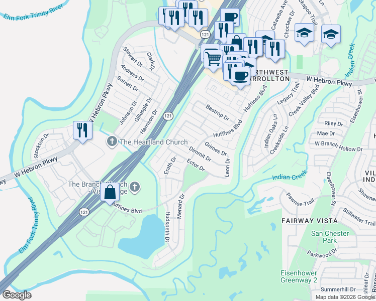map of restaurants, bars, coffee shops, grocery stores, and more near 1505 Dimmit Dr in Carrollton