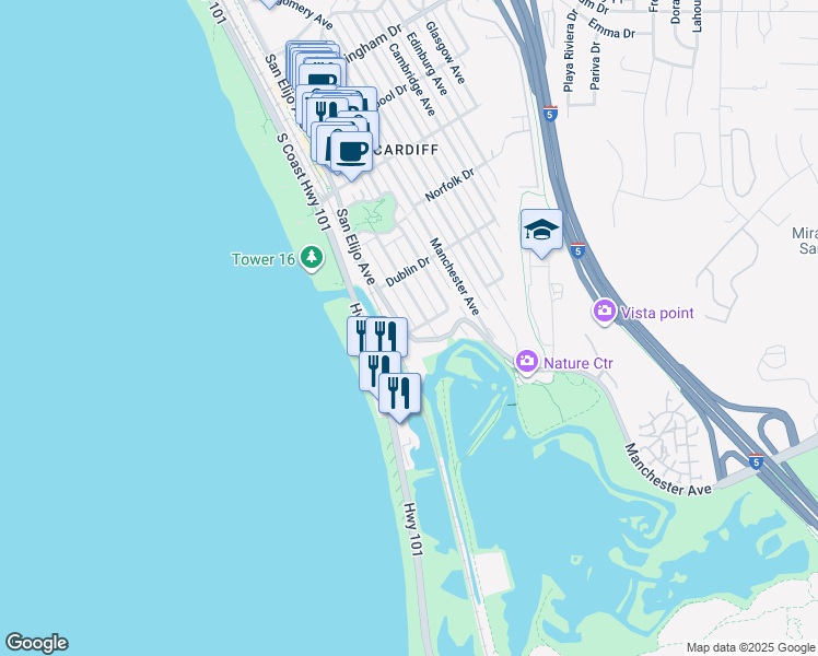 map of restaurants, bars, coffee shops, grocery stores, and more near 110 Kilkenny Drive in Encinitas