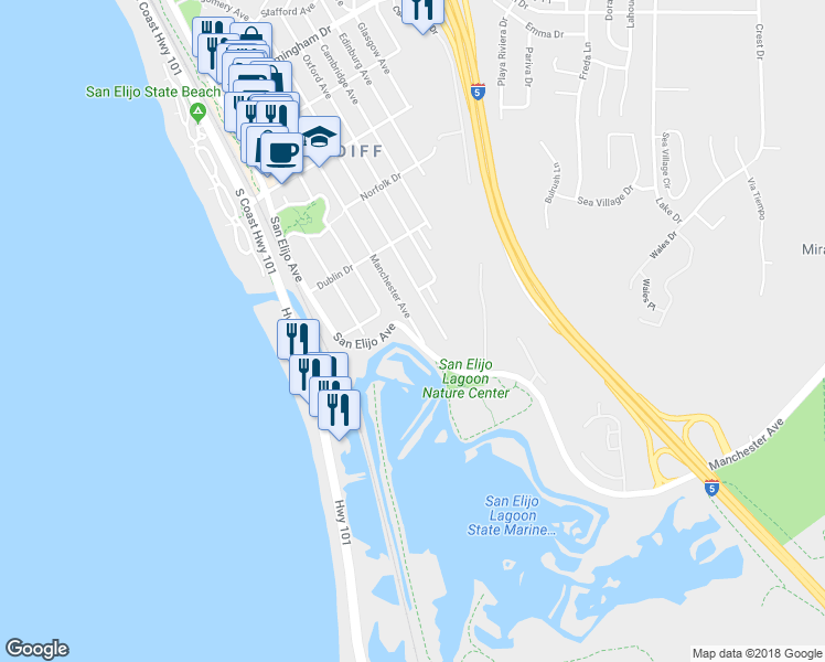 map of restaurants, bars, coffee shops, grocery stores, and more near 2556 Manchester Avenue in Encinitas