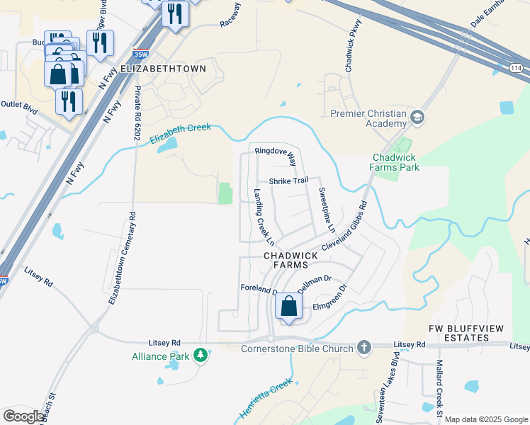map of restaurants, bars, coffee shops, grocery stores, and more near 15644 Landing Creek Ln in Roanoke