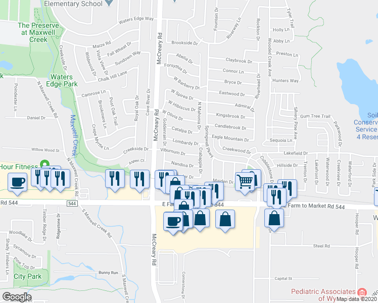 map of restaurants, bars, coffee shops, grocery stores, and more near 3408 Viburnum Drive in Wylie