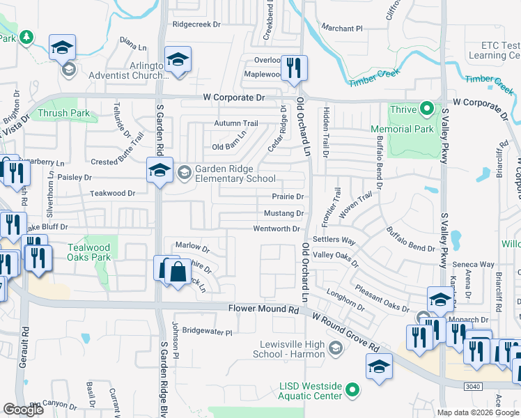 map of restaurants, bars, coffee shops, grocery stores, and more near 1353 Mustang Drive in Lewisville