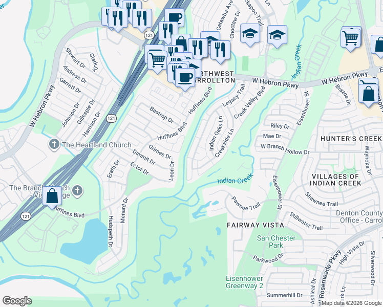 map of restaurants, bars, coffee shops, grocery stores, and more near 3921 Legacy Trail in Carrollton