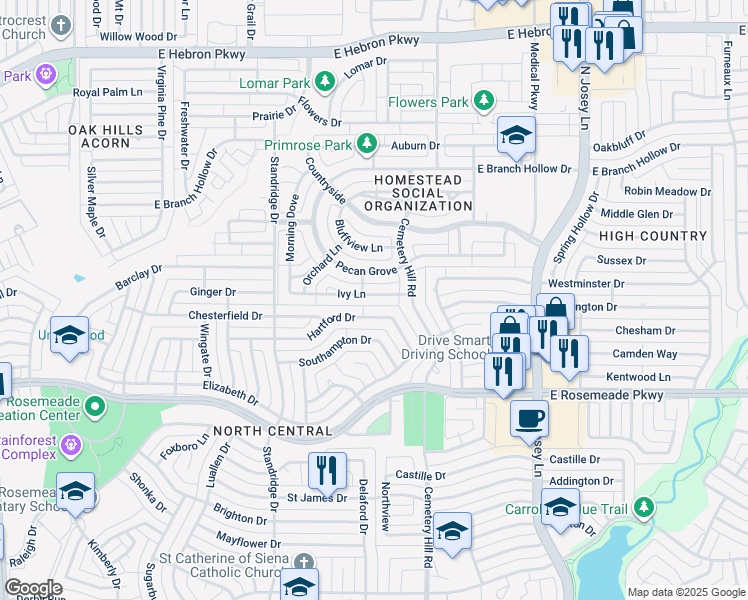 map of restaurants, bars, coffee shops, grocery stores, and more near 1738 Ivy Lane in Carrollton