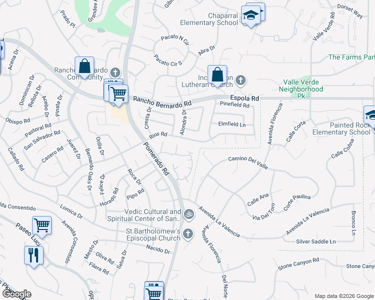 map of restaurants, bars, coffee shops, grocery stores, and more near 16511 Caminito Vecinos in San Diego