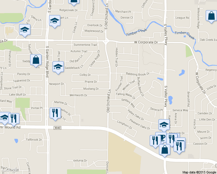 map of restaurants, bars, coffee shops, grocery stores, and more near 1301 Mustang Drive in Lewisville