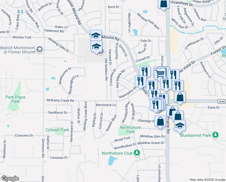 map of restaurants, bars, coffee shops, grocery stores, and more near 2120 Columbia Drive in Flower Mound