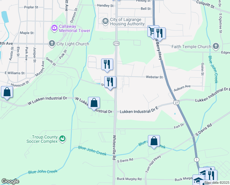 map of restaurants, bars, coffee shops, grocery stores, and more near 1604 Georgia 219 in LaGrange