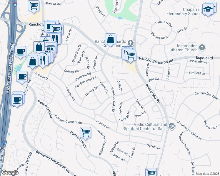map of restaurants, bars, coffee shops, grocery stores, and more near 16646 Bernardo Oaks Drive in San Diego
