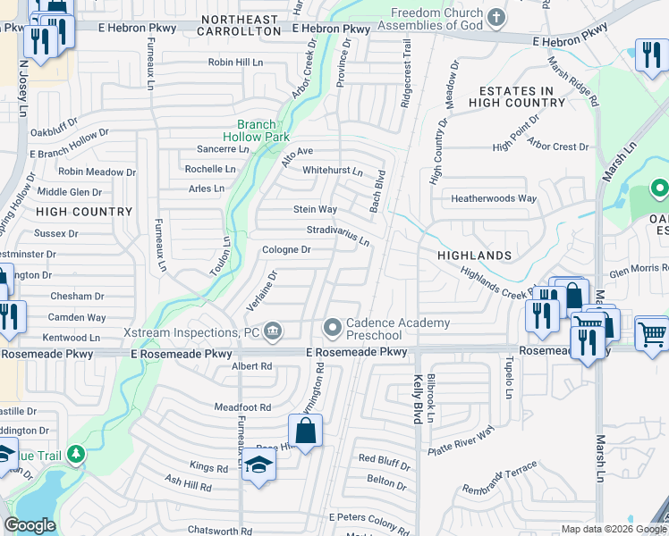 map of restaurants, bars, coffee shops, grocery stores, and more near 3809 Clover Hill Lane in Carrollton