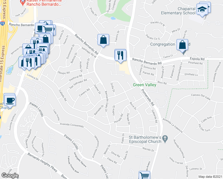 map of restaurants, bars, coffee shops, grocery stores, and more near 16633 Orilla Drive in San Diego