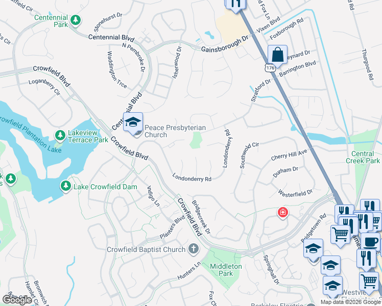 map of restaurants, bars, coffee shops, grocery stores, and more near 113 Prentice Circle in Goose Creek