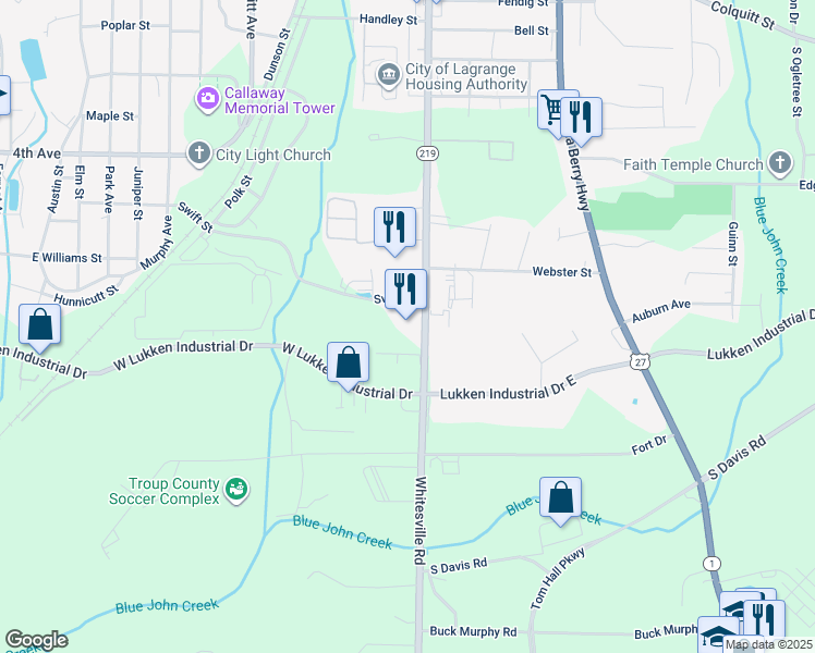map of restaurants, bars, coffee shops, grocery stores, and more near 1604 Georgia 219 in LaGrange