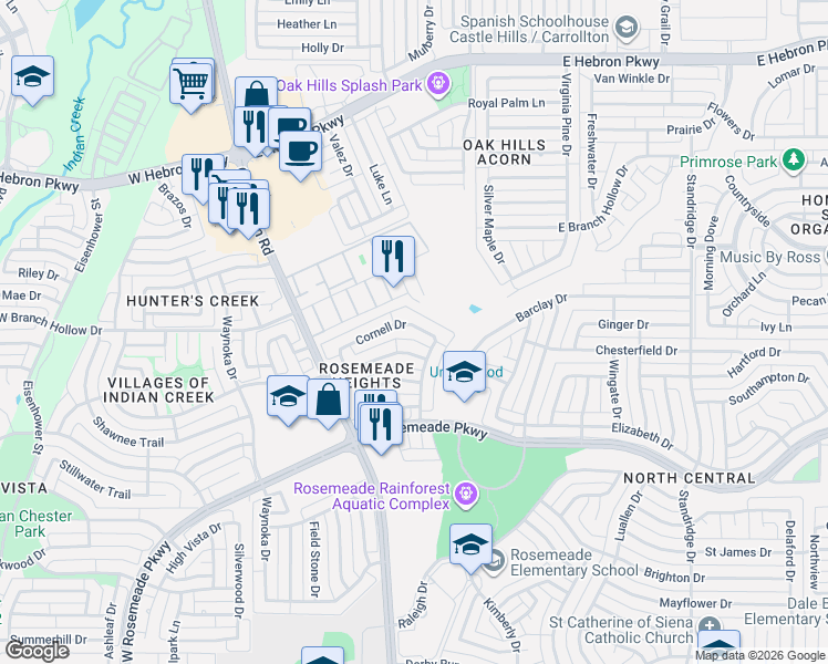 map of restaurants, bars, coffee shops, grocery stores, and more near 1060 Cornell Drive in Carrollton