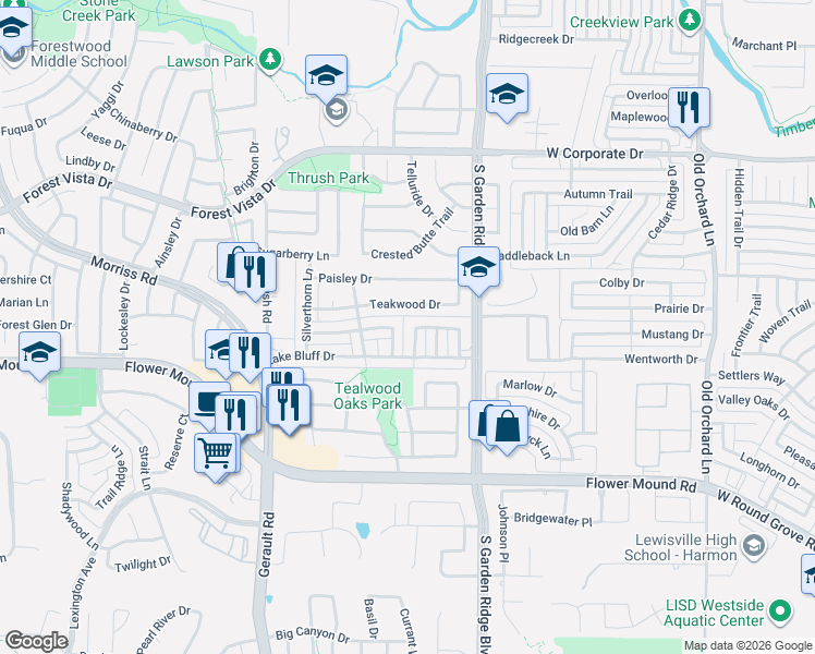map of restaurants, bars, coffee shops, grocery stores, and more near 2125 Lavender Lane in Flower Mound