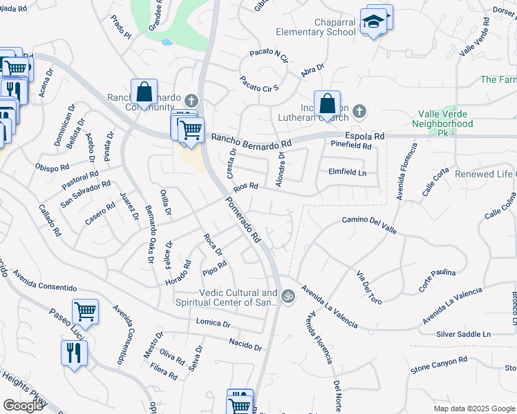 map of restaurants, bars, coffee shops, grocery stores, and more near 16555 Caminito Vecinos in San Diego