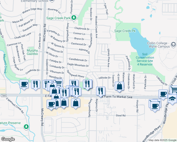 map of restaurants, bars, coffee shops, grocery stores, and more near 2904 Lakefield Drive in Wylie
