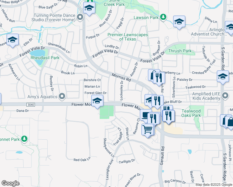 map of restaurants, bars, coffee shops, grocery stores, and more near 2116 Kings Forest Lane in Flower Mound