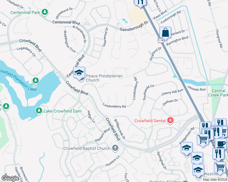 map of restaurants, bars, coffee shops, grocery stores, and more near 113 Prentice Circle in Goose Creek