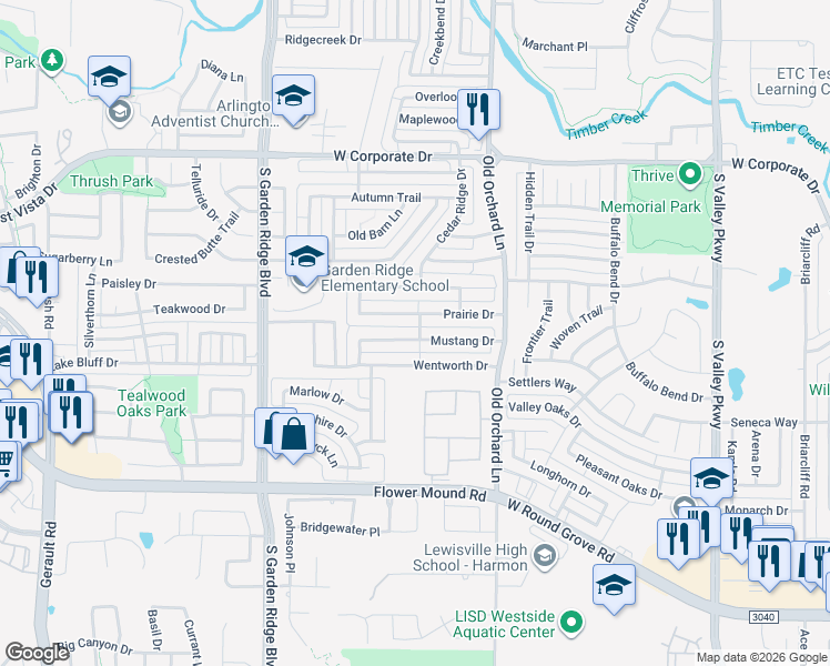 map of restaurants, bars, coffee shops, grocery stores, and more near 1353 Mustang Drive in Lewisville