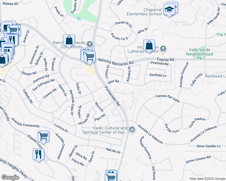 map of restaurants, bars, coffee shops, grocery stores, and more near 16599 Caminito Vecinos in San Diego