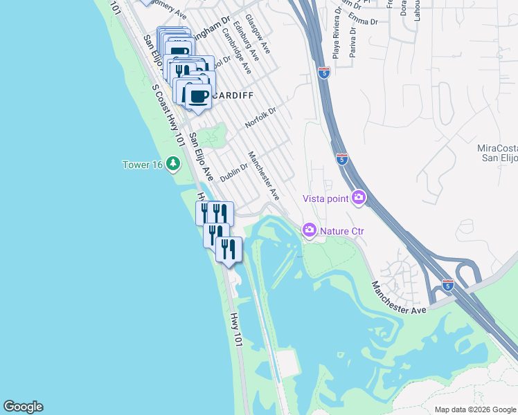 map of restaurants, bars, coffee shops, grocery stores, and more near 2551 San Elijo Avenue in Encinitas