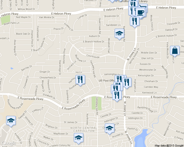 map of restaurants, bars, coffee shops, grocery stores, and more near 3821 Cemetery Hill Road in Carrollton