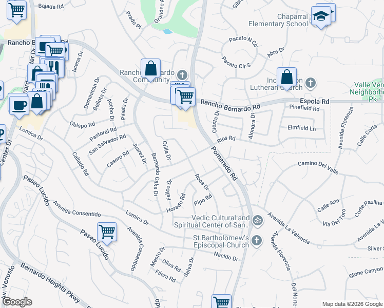 map of restaurants, bars, coffee shops, grocery stores, and more near 12466 Rios Road in San Diego