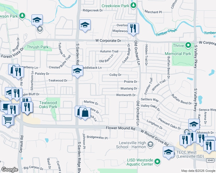 map of restaurants, bars, coffee shops, grocery stores, and more near 1377 Mustang Drive in Lewisville