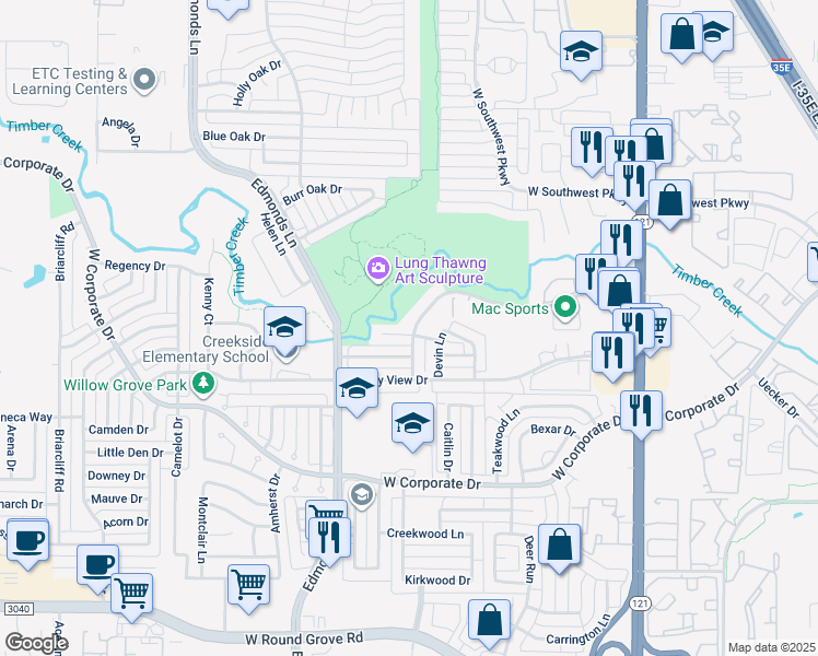 map of restaurants, bars, coffee shops, grocery stores, and more near 500 Creek Court in Lewisville