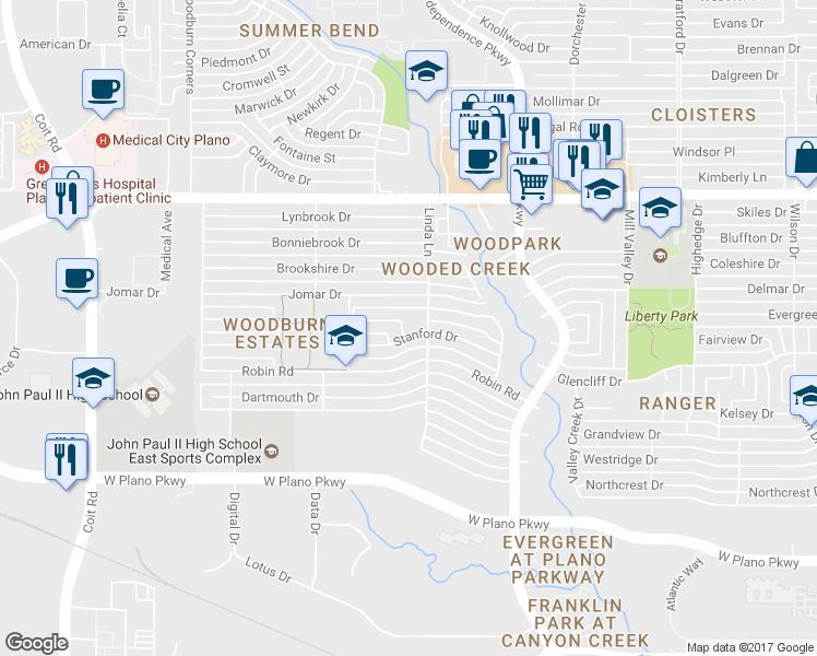 map of restaurants, bars, coffee shops, grocery stores, and more near 3101 Forester Way in Plano