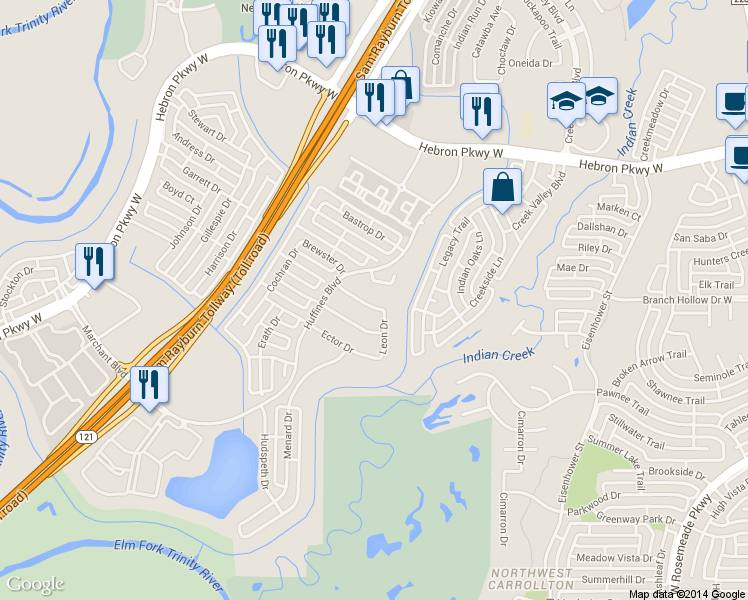map of restaurants, bars, coffee shops, grocery stores, and more near 1408 Grimes Drive in Carrollton