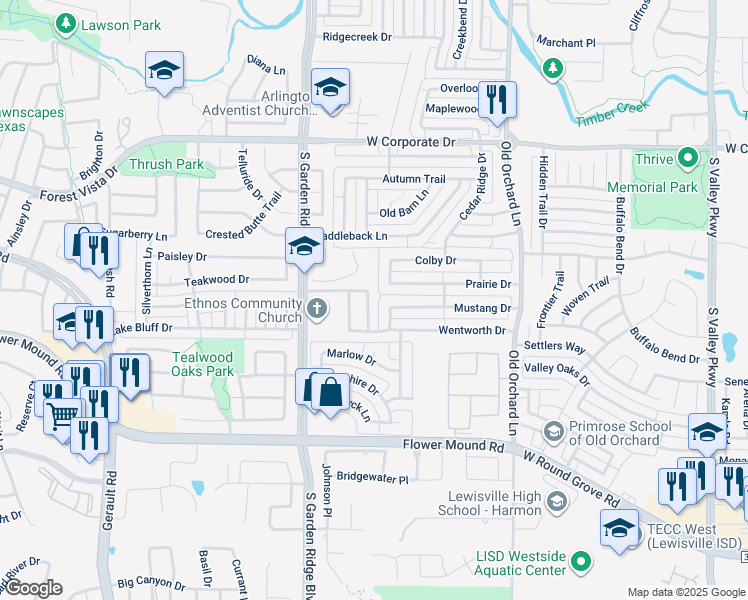 map of restaurants, bars, coffee shops, grocery stores, and more near 2128 Newport Drive in Flower Mound
