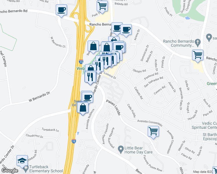 map of restaurants, bars, coffee shops, grocery stores, and more near 11842 Paseo Lucido in San Diego