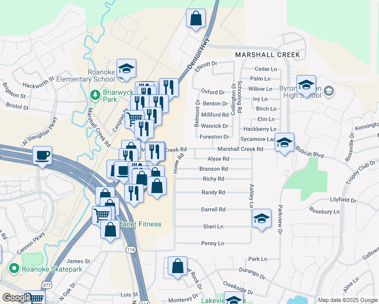 map of restaurants, bars, coffee shops, grocery stores, and more near 307 Marshall Creek Road in Roanoke