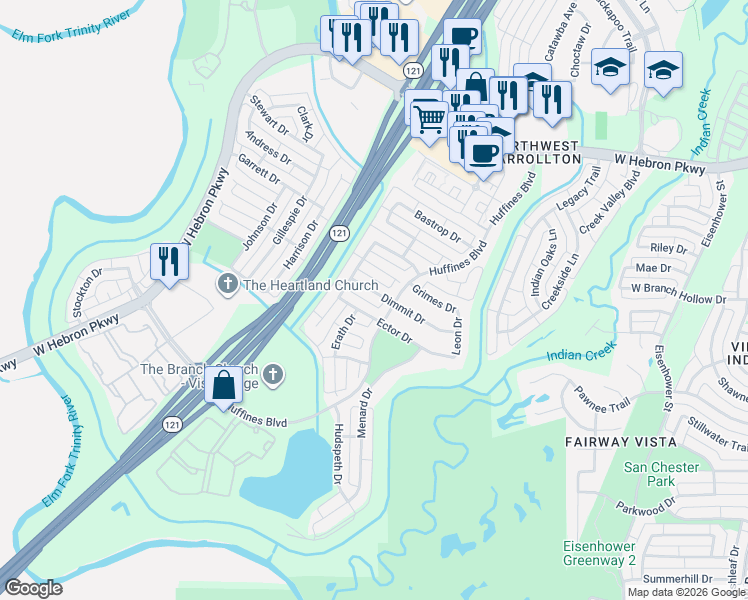 map of restaurants, bars, coffee shops, grocery stores, and more near 1505 Dimmit Drive in Carrollton