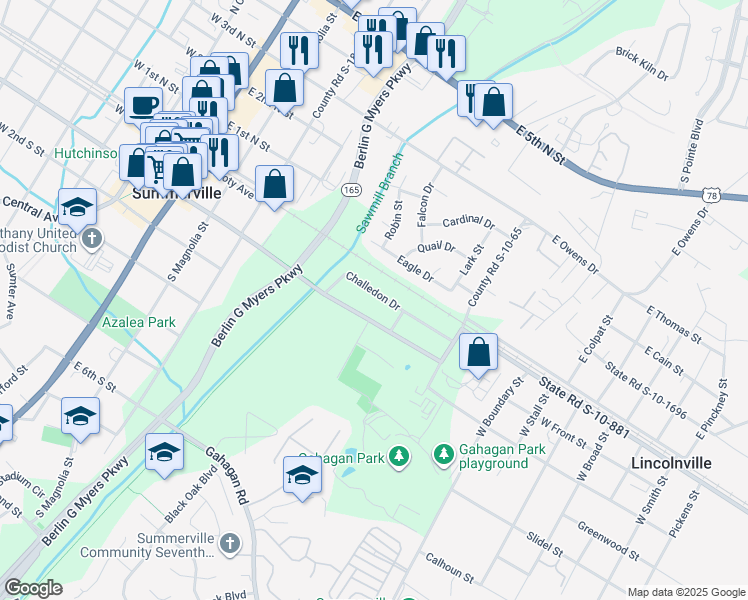 map of restaurants, bars, coffee shops, grocery stores, and more near 216 Challedon Drive in Summerville