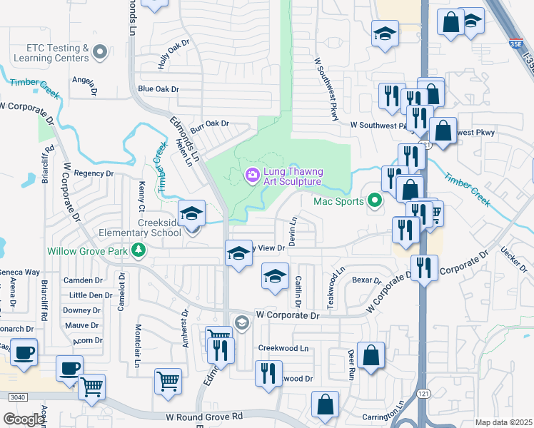 map of restaurants, bars, coffee shops, grocery stores, and more near 500 Creek Court in Lewisville