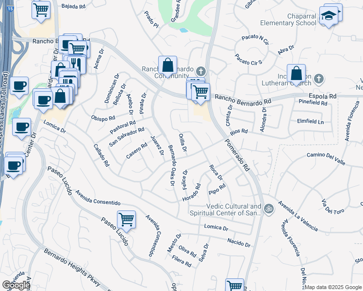 map of restaurants, bars, coffee shops, grocery stores, and more near 16633 Orilla Drive in San Diego