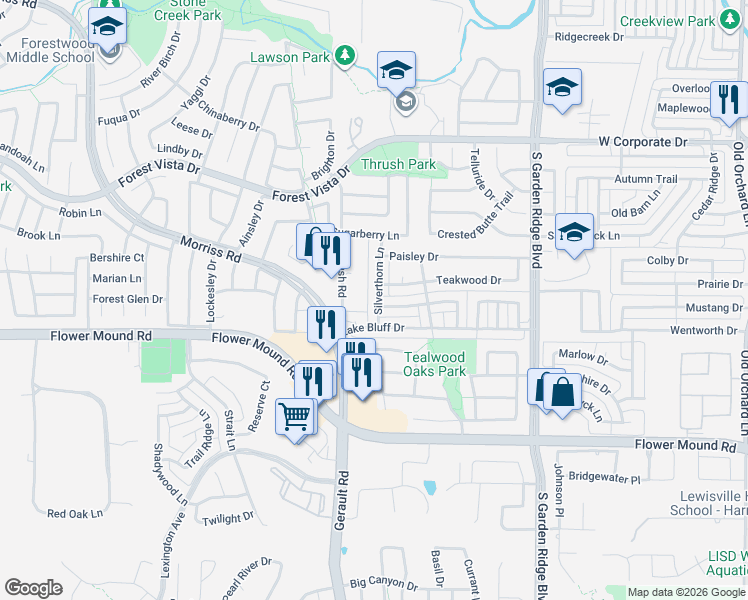 map of restaurants, bars, coffee shops, grocery stores, and more near 2205 Silverthorn Lane in Flower Mound